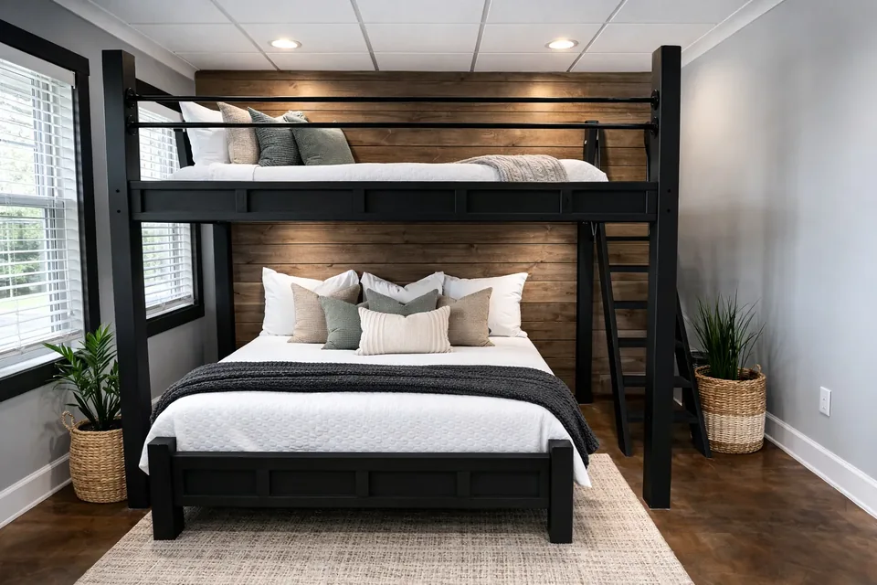 Black custom adult bunk bed with queen lower bed