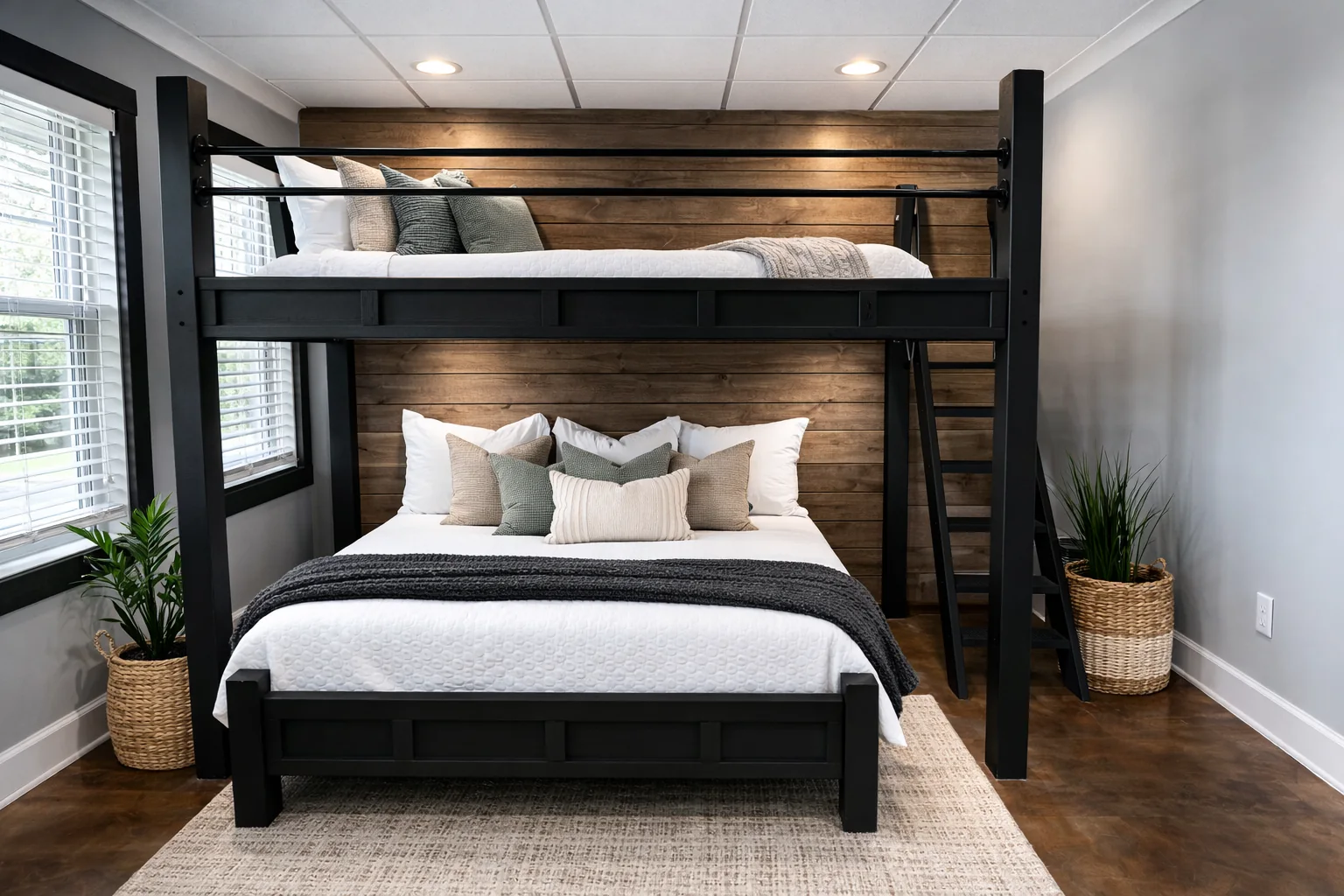 Black custom adult bunk bed with Queen lower bed