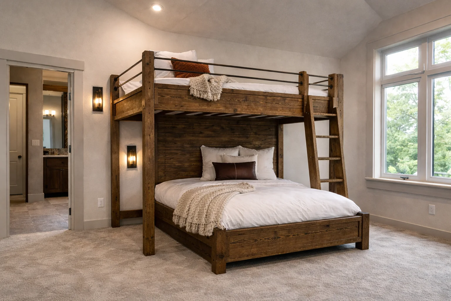 Walnut custom Queen and upper bunk configuration