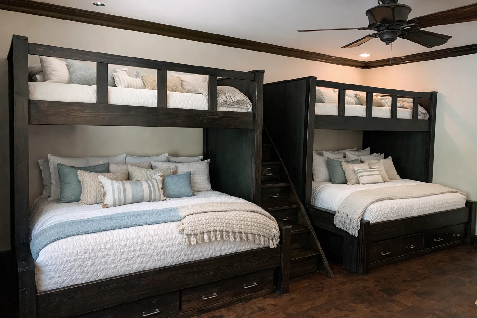 Dark wood double bunk room with storage