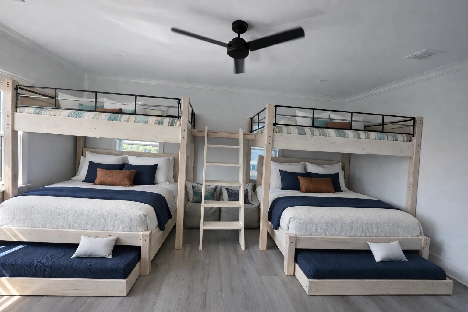 White double bunk room with adult mattresses
