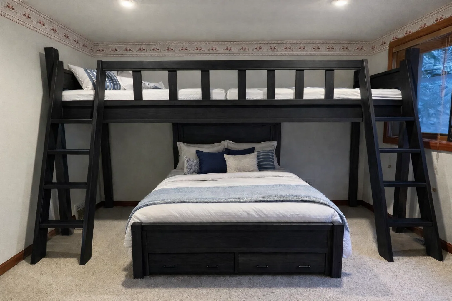 Low ceiling black adult bunk room