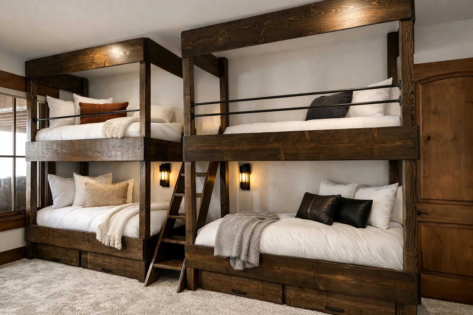 Dark wood quad bunk room with four adult sleeping surfaces