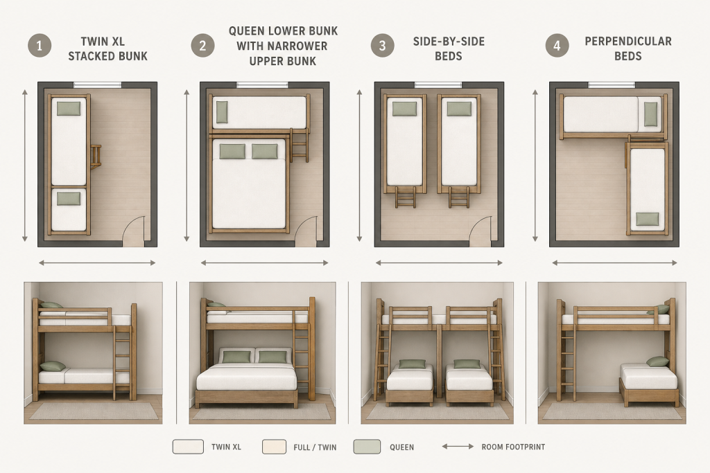 Conceptual comparison of Twin XL, Queen, side-by-side, and perpendicular bunk layouts